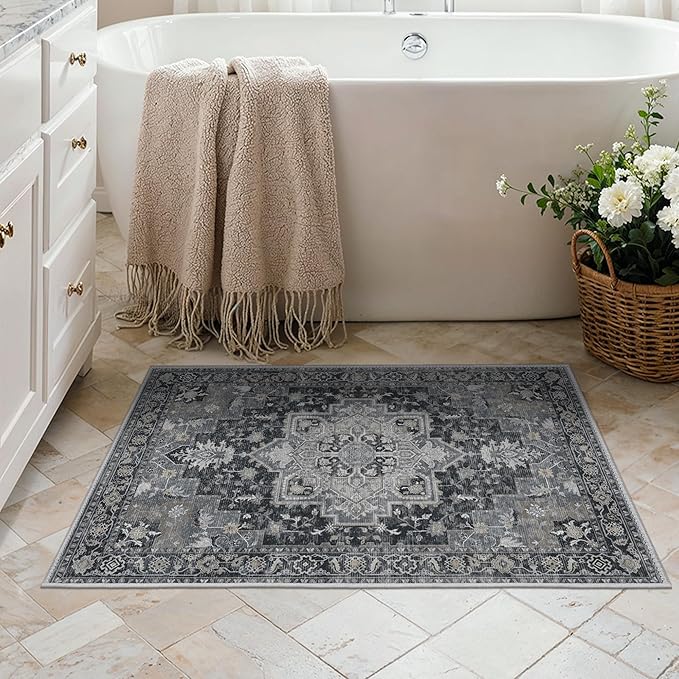 BESBLEE Area Rug 2x3 Doormat, Machine Washable Low Pile Rugs, Small Retro Entryway Mat for Entrance, Hallway, Kitchen and Corridor, Dark Gray