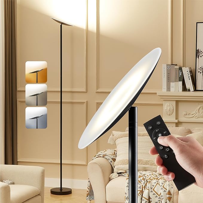 Slothology Skylight LED Floor Lamp, 3200LM, 71" Modern Torchiere in Zen Black, Stepless Dimming, Remote & Touch Control, Bright Light for Living Room or Bedroom, Weighted Base