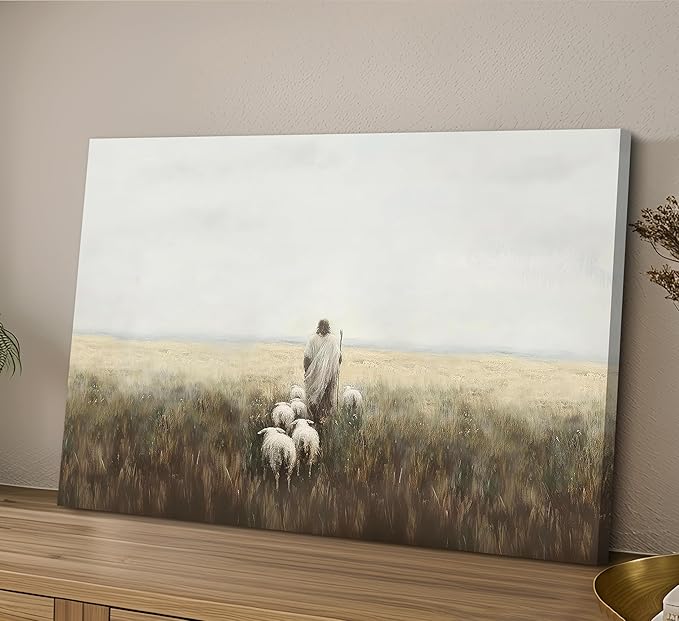 Jesus and Lamb Canvas Wall Art Vintage Christianity shepherd Painting Picture Wall Decor Jesus Leaves the 99 Sheep Inspirational Poster Print Artwork for Church Study Living Room Home Decoration