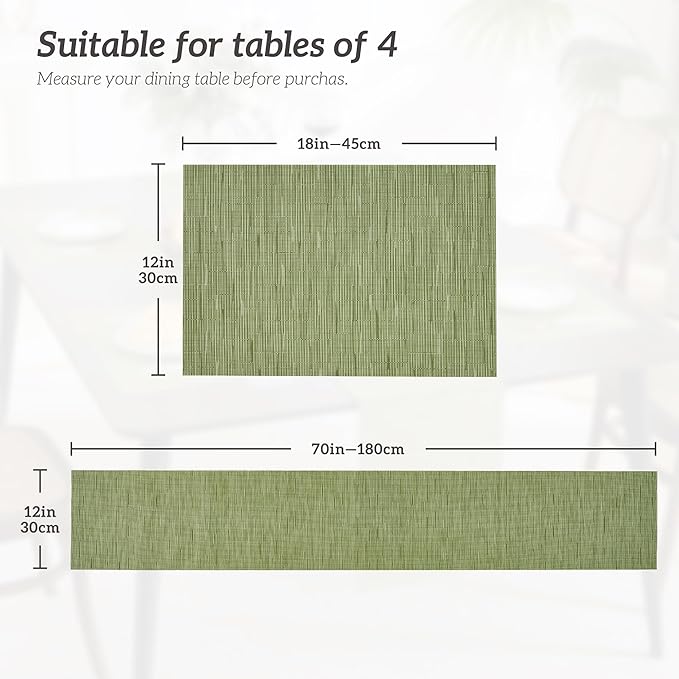 Leetaltree Pea Green Table Runner and Placemats Set of 5, Heat Resistant Non-Slip Place mats for Dining Table, Washable Durable PVC Vinyl Woven Table Mats Set
