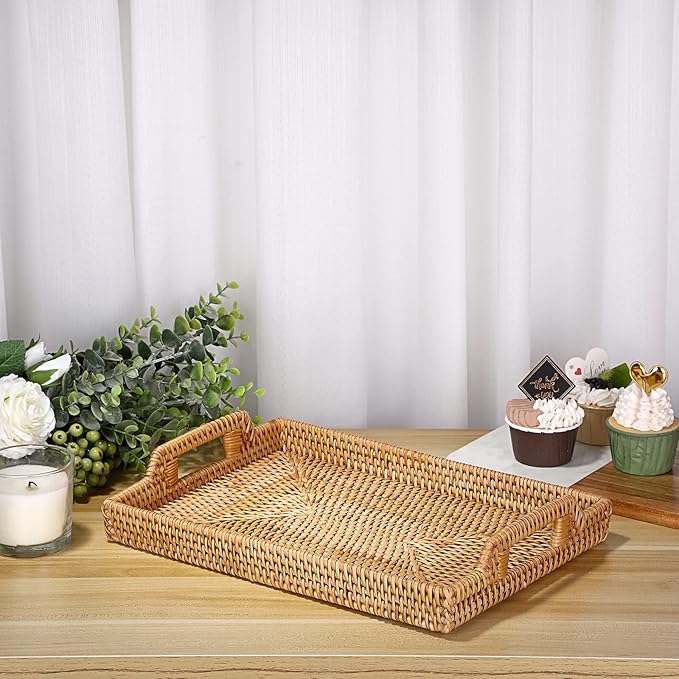 Hipiwe Rattan Serving Tray with Handles - Hand-Woven Decorative Tray for Storage Breakfast, Drinks, Snack,Rectangular Basket Organizer Tray for Coffee Table, Home Decor (Medium)