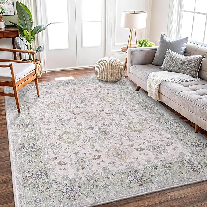 Vanmoos 4x6 Area Rug - Machine Washable, Non-Slip Soft Carpet for Living Room, Bedroom, Office, Dining Room - Durable Accent Rug for Farmhouse & High-Traffic Areas, Cozy Elegance/Green