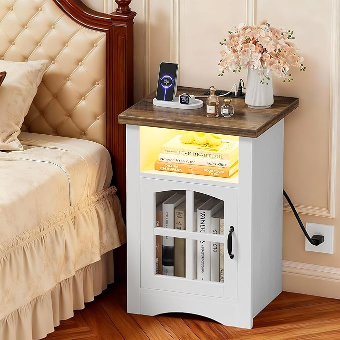 JUMMICO End Table with Charging Station and LED Open Shelf & Glass Door Cabinet, Farmhouse Nightstand with 20W Fast Charge, Side Table for Living Room (1,White & Brown)