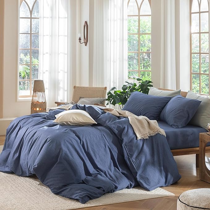MooMee Bedding Duvet Cover Set 100% Washed Cotton Linen Like Textured Breathable Durable Soft Comfy (Heathered Blue, Twin 68"x90")
