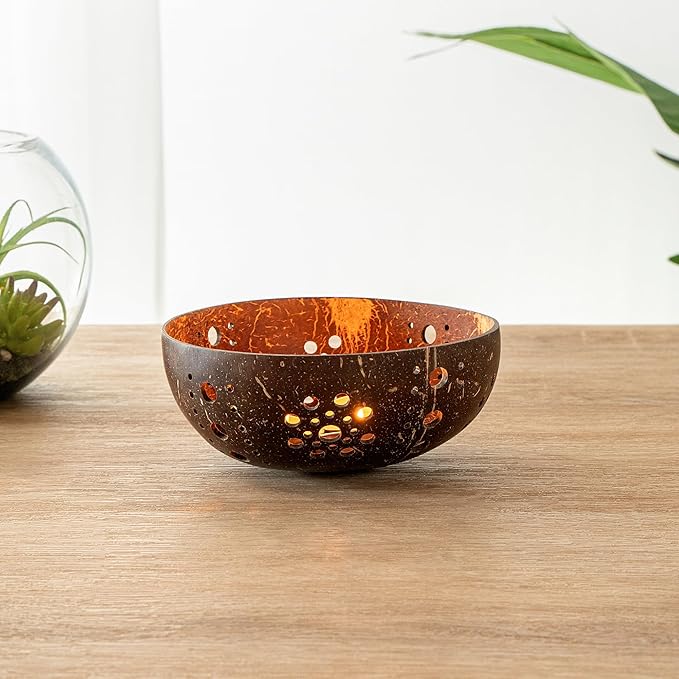 Restaurantware-Coco Casa 5.1 x 2 Inch Coconut Shell Candle Holders, 10 Reusable Tealight Holders - Candle Not Included, Sun Pattern, Brown Coconut Bowls For Candles, Handcrafted