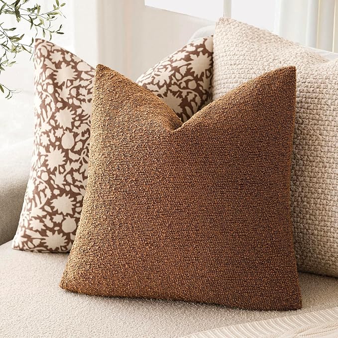 Foindtower Decorative Textured Boucle Throw Pillow Covers Accent Solid Pillow Cases Neutral Soft Cozy Couch Cushion Case for Chair Sofa Bedroom Living Room Home Decor 20x20 Inch,1PC,Hazel Brown
