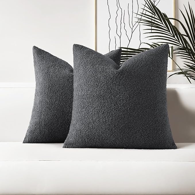 HAUSSY Set of 2 16x16 Decorative Throw Pillow Covers, Soft Cozy Textured Boucle Couch Cases, Home Decor for Couch Bed Living Room, Dark Grey