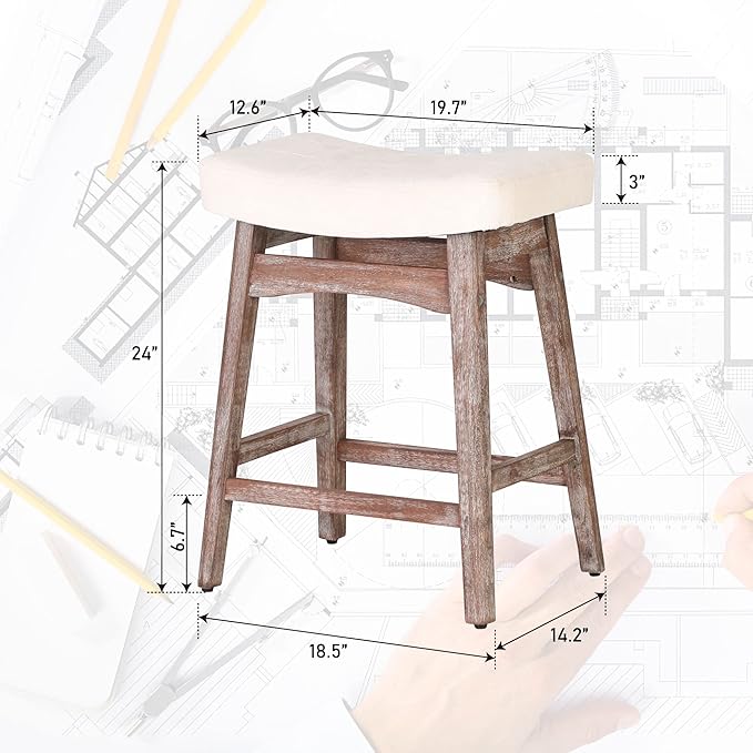 Sophia & William Counter Height Bar Stools, 24" Counter Stools with Solid Wood Legs, Comfy Linen Fabric Upholstered Counter Height Stools,Creamy White,1PC
