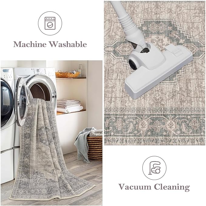Lahome Oriental Hallway Runner Rug Non Slip, 2.5x8 Kitchen Washable Runner Soft Hallway Rug, Traditional Ultra-Thin Carpet for Bathroom Entryway ‎Laundry Room, Grey/Brown