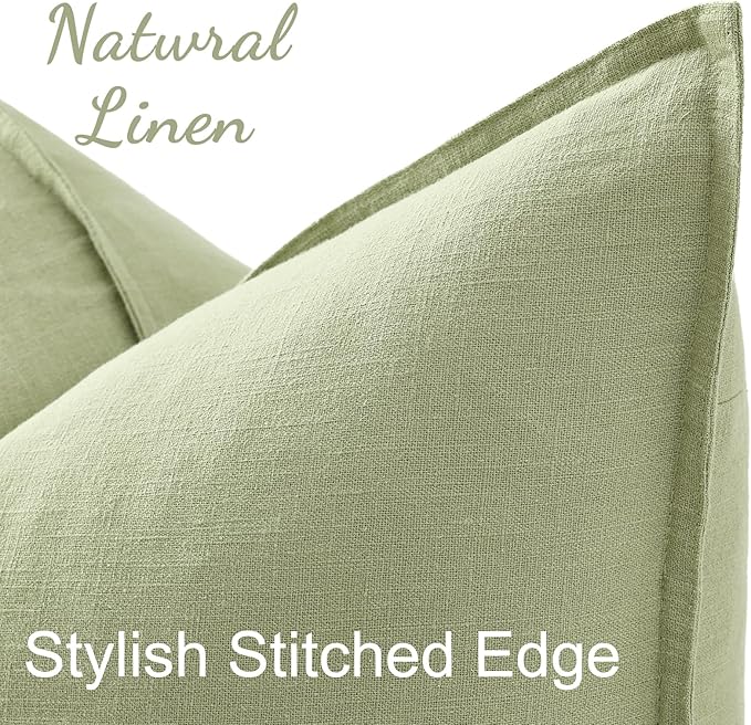 decorUhome Spring Decorative Linen Throw Pillow Covers 18x18 Inch Set of 2 Sage Green Pillow Covers with Flange Edges Soft Farmhouse Boho Accent Pillow Cases for Couch Bed Living Room