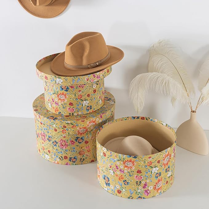 Soul & Lane Botanica Bliss Gold Round Hat Boxes with Lids - Set of 3: Nesting Cardboard Hat Storage, Boho Floral Print Cases, Stacking Circle Decorative Keepsake Boxes