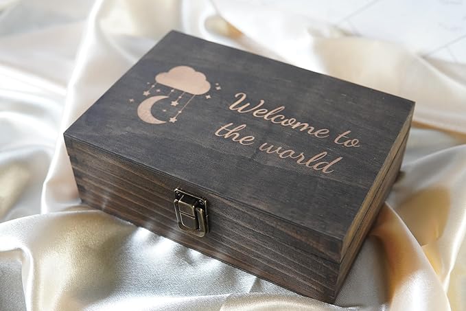 Engraved Baby Memory Box – Wooden Keepsake Box for Newborn Milestones, First Tooth, Hospital Bracelet – Medium Size – Dark Walnut Finish – 8.5 x 6 x 3 in