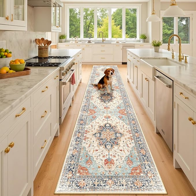 RELEANY Area Rugs 2'x10' Washable Non-Slip, Floral Vintage Distress Print Pattern Medallion Carpet for Living Room Bedroom Dining Room, Beige Navy Blue Orange Colorful