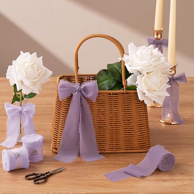 DORIS HOME Pastle Purple Chiffon Ribbon for Flower Bouquet, 2" x21Yd Fabric Ribbon for Gift Wrapping, Handmade Frayed Ribbon for Wedding/Christmas Decorations