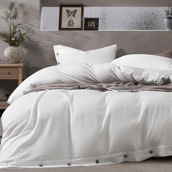 JELLYMONI Washed Cotton Duvet Cover - Off White, Oversized Queen Size 98x98 Inches, 3-Piece Bedding Set with Button Closure, Includes 1 Duvet Cover & 2 Pillowcases (Comforter Not Included)
