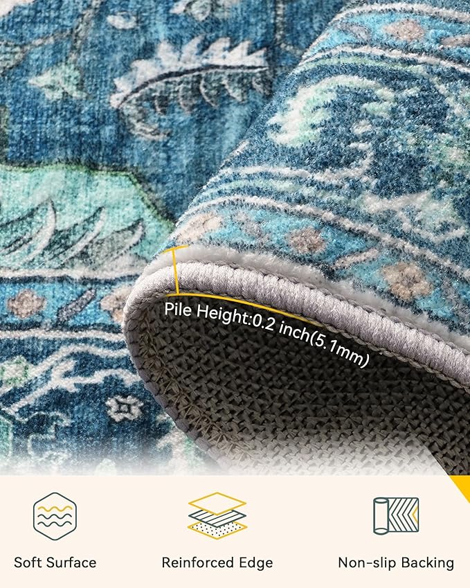 RELEANY Area Rugs 2'6''x10' Washable Non-Slip, Floral Vintage Distress Print Pattern Medallion Carpet for Living Room Bedroom Dining Room, Teal Green Lake Blue Turquoise