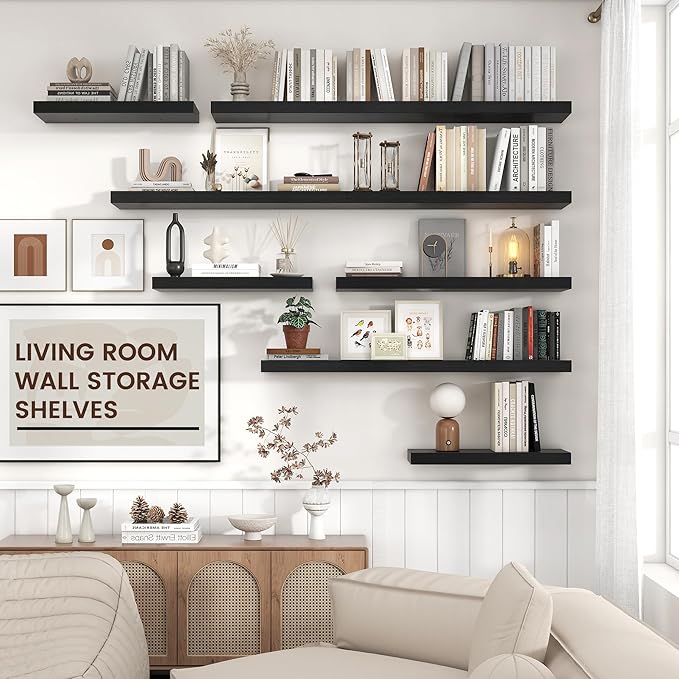 Floating Shelves for Wall, Engineered Wood Wall Shelves with Invisible Brackets for Living Room Bedroom Bathroom Office Kitchen Decor and Storage (Black, 36" W x 9" D x 1.5" H) Set of 2