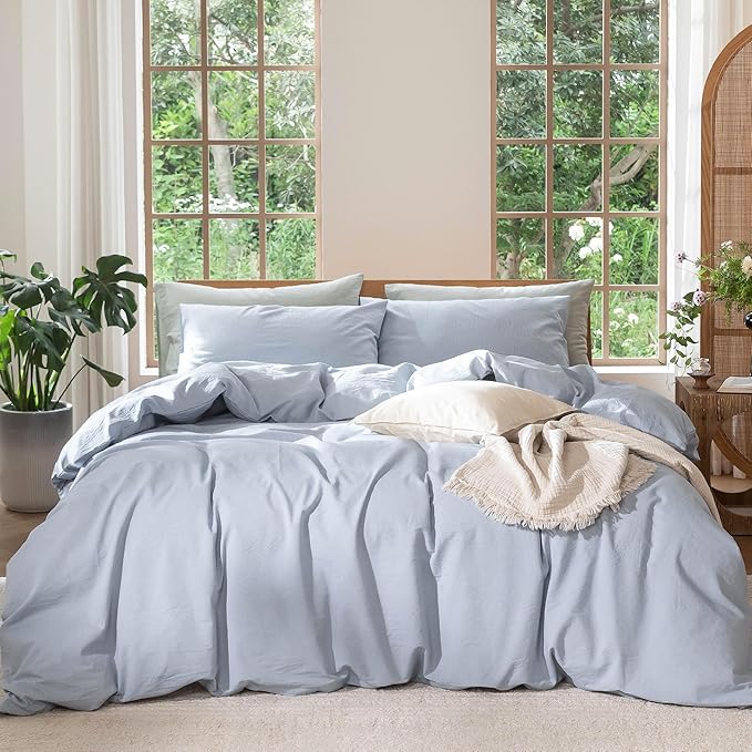 MooMee Bedding Duvet Cover Set 100% Washed Cotton Linen Like Textured Breathable Durable Soft Comfy (Heathered Cornflower Blue, Twin 68"x90")