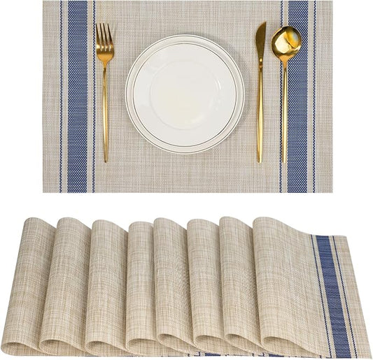 Placemats Set of 8，Non-Slip PVC Weave Table Mats Easy to Clean，Heat Resistant Place Mats for Kitchen Dining Table Decoration Indoor Outdoor，Khaki Blue