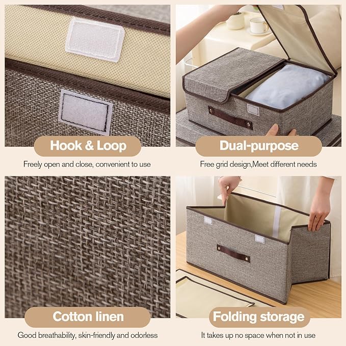 Linen Storage Boxes with Removable Dividers, 2-Pack Large Foldable Organizer Bins, Gray Fabric Containers with Handles for Clothes, Blankets, Underwear Storage (Beige, 2Pack*37.5L)