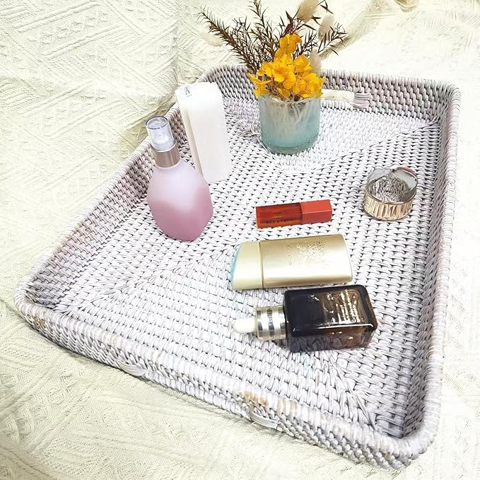 i-lan 17" Handwoven White Washed Natural Rattan Ottoman Serving Tray with Handles-Decorative Wash White Rectangular Wicker Basket Storage Platter for Fruits,Drinks and Table Things