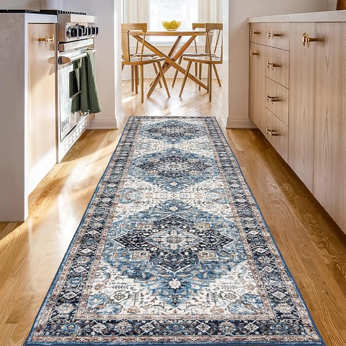 Domitapis Runner Rug 2×8, Vintage Boho Rug,Ultra-Soft Low Pile, Washable, Non Slip,Stain Resistant Printed Carpet for Hallway Kitchen Living Room Bedrooms Playroom Office, Blue/Navy