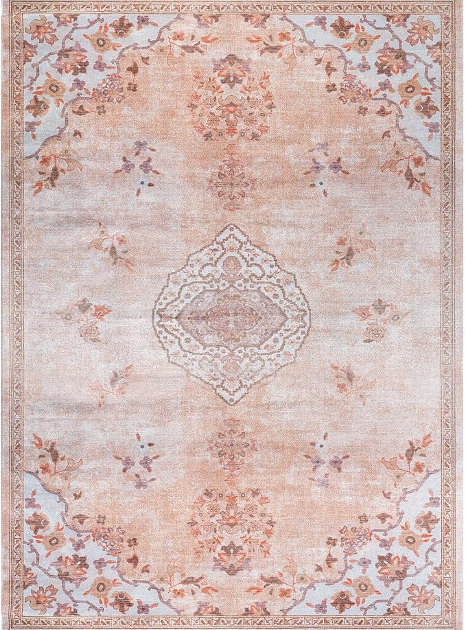 Beverly Rug Non Slip Rugs 6x9 Boho Medallion Floral Non Skid Rubber Backing Easy Silk Soft Area Rug for Living Room Easy to Clean Non Shedding Kitchen Bedroom Indoor Carpet (6 x 9 Pink - Aqua)