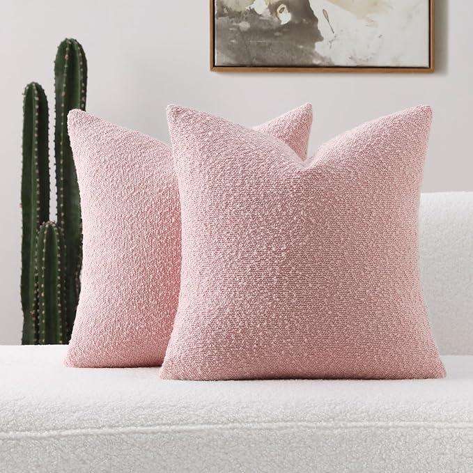 FUTEI Valentine's Day Pack of 2 Pink Decorative Throw Pillow Covers 16x16 Inch Soft Cozy Solid Boucle Textured Cushion Case,Modern Home Decor for Couch Bed Living Room