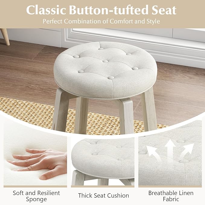 Giantex Swivel Bar Stools Set of 2, 26" Counter Height Stools w/Tufted Seat & Rubber Wood Frame, Round Backless Kitchen Stool with Footrest, Barstools for Kitchen Island/Breakfast/Pub, Antique White