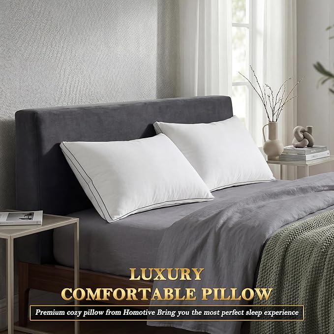 Homotive Feather Pillows Queen Size Set of 2 Goose Down Pillows with 100% Breathable Cotton Cover, Hotel Collection Bed Pillows for Sleeping, Soft Support for Back, Stomach and Side Sleepers