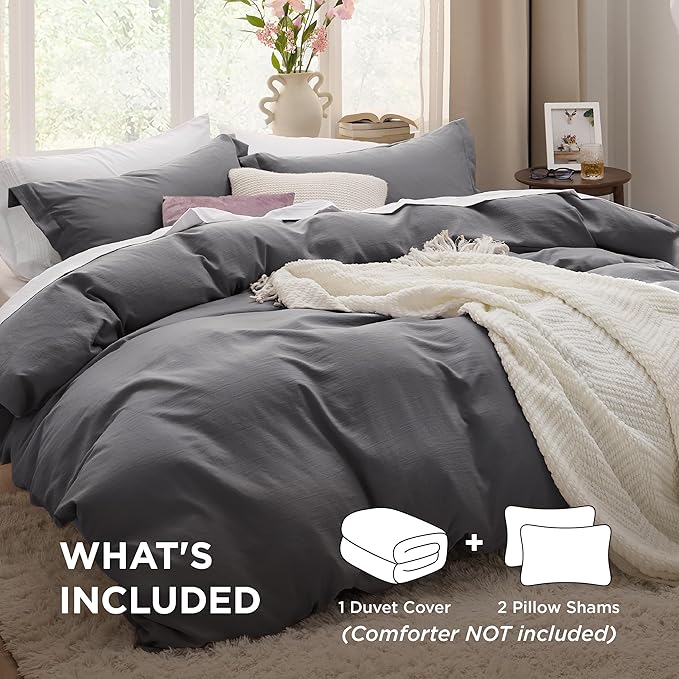 Bedsure Charcoal Grey Duvet Covers Queen Size - Washed Duvet Cover, Soft Queen Duvet Cover Set 3 Pieces with Zipper Closure, 1 Duvet Cover 90x90 inches and 2 Pillow Shams