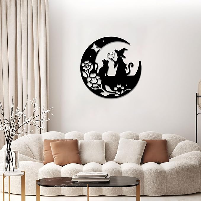 GlintHome Cat Metal Wall Art Decor Moon and Cat Witch Black Wall Hanging Decor Silhouette Wall Art for Home Bathroom Bedroom Living Room Kitchen Office Garden Hotel Wall Decoration