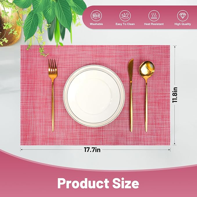 Placemats Set of 12，Christmas Decoration Non-Slip PVC Weave Table Mats Easy to Clean，Heat Resistant Place Mats for Kitchen Dining Table Decoration Indoor Outdoor，Red