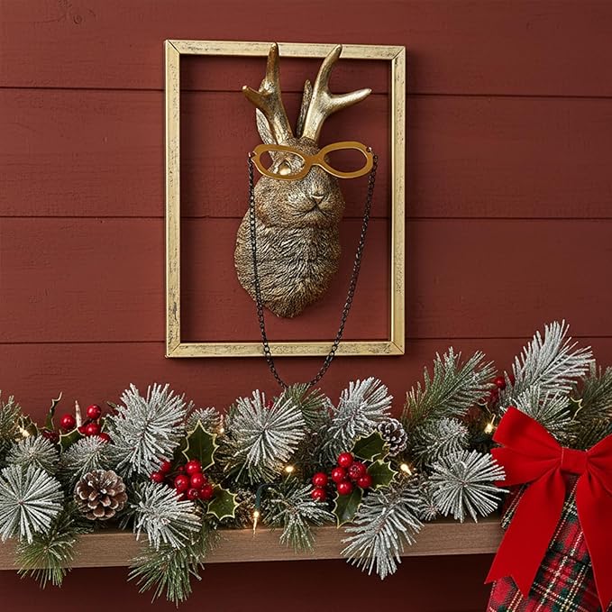 Animal Heads Wall Decor (Includes Metal Frame) Resin Animals Sculptures Head Wall Hanging Decoration Gold vintage Wall Sculpture for Living Room Bedroom Office(Jackalope)
