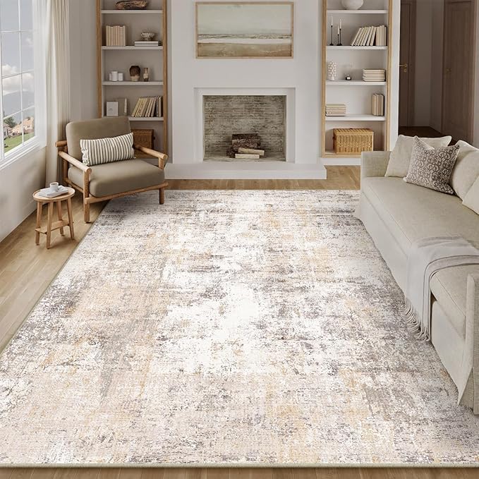WondRg 8x10 Washable Area Rug Beige Grey Abstract Living Room Bedroom Carpet Neutral Modern Non Slip Soft Low Pile Indoor Large Throw Rug for Dining Room Office