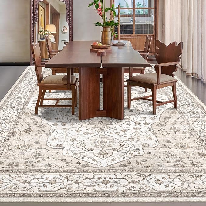 Fortsea 5'x7' Machine Washable Abstract Design Area Rug Machine Washable Area Rugs 5X7, Non Slip, Stain Resistant, Home Decor Living Room Area Rugs 5x7 (Beige Cream 5x7)…