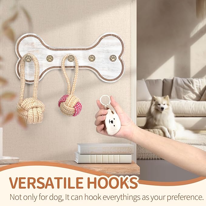 MTERSN Rustic Farmhouse Dog Leash Holder for Wall - Decorative Key Hooks Wall Mount with Bone Shape and Coat Hanger for Entryway - Pets Accessories Storage for Dog Lover Gifts (Distressed White)