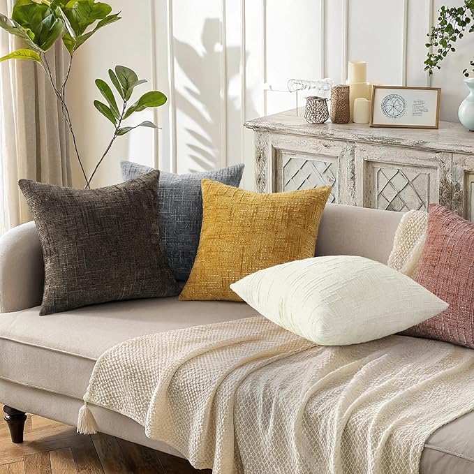 decorUhome Spring Pink Chenille Throw Pillow Covers 18x18 Set of 2 Textured Slubby Couch Pillow Covers Farmhouse Accent Neutral Decorative Pillow Cases for Bed Sofa Living Room Valentines