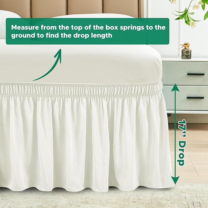 Biscaynebay Wrap Around Bed Skirts for Queen Beds 17" Long Drop, Ivory Adjustable Elastic Dust Ruffles Easy Fit Wrinkle & Fade Resistant Silky Luxurious Fabric Solid Machine Washable
