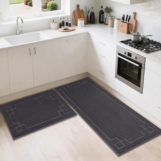 BEQHAUSE Kitchen Rugs Non-Slip Washable [2 PCS], Machine Washable Kitchen Mats Absorbent Soft Kitchen Runner Rugs for Floor,Sink,Hallway,Laundry,20”x32”+20”x48”, Dark Grey