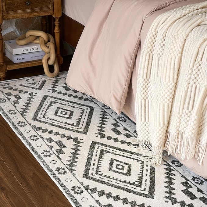 RAMEFILD Moroccan Washable Runner Rug 2x8, Geometric Woven Area Rug, Farmhouse Boho Hallway Rug Runner, Non-Slip Soft Lightweight Throw Rug for Bedroom Living Room Laundry Kitchen, Olive Green/White