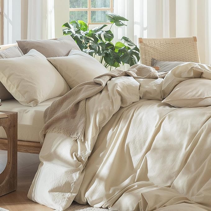 MooMee Bedding Duvet Cover Set 100% Washed Cotton Linen Like Textured Breathable Durable Soft Comfy (Heathered Almond Milk Grey, Oversized Full 82"x86")