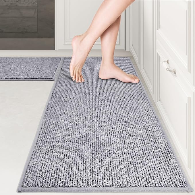 PURRUGS Machine Washable Kitchen Rug [2 PCS] (17" x 30"+ 17" x 48"), Non-Slip/Skid Kitchen Runner Rugs & Floor Mats, Super Absorbent Soft Area Rugs for Sink, Kitchen & Laundry, Grey