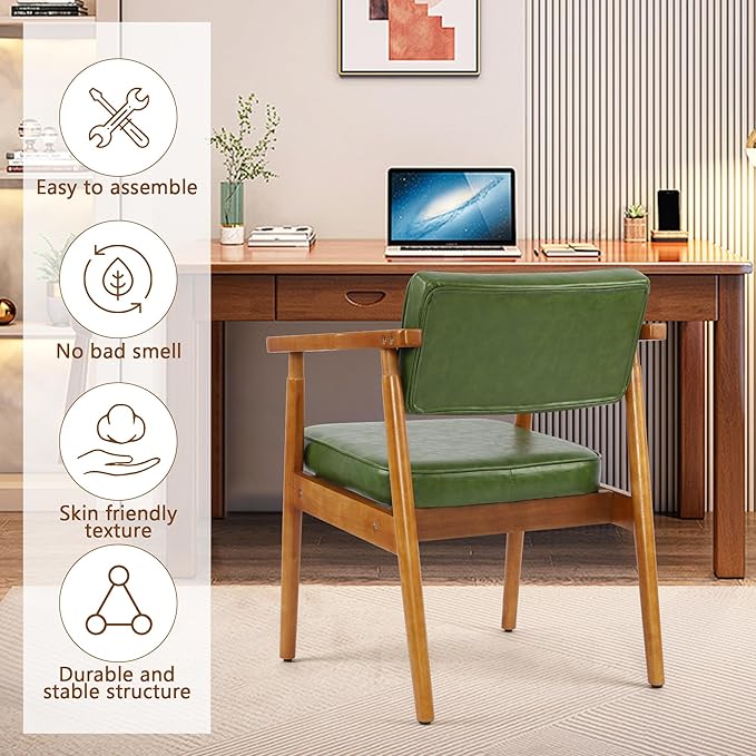 LSSPAID Mid Century Dining Chairs with Wooden Handrail, Pu Upholstered Armchair Comfy Backrest Modern Kitchen Chairs for Bedroom Living Room Dining Room, Green, Set of 1