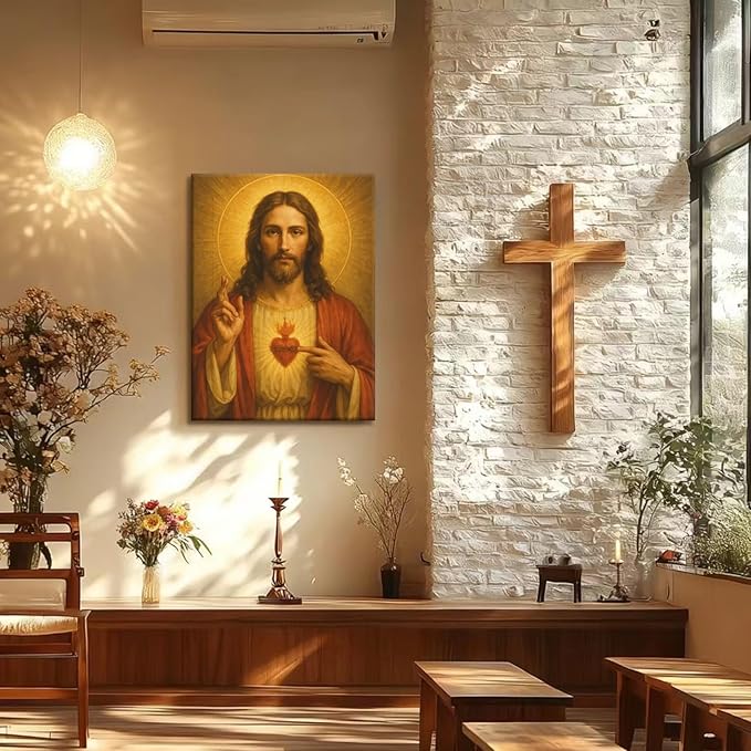 Sacred Heart of Jesus Canvas Wall Art Divine Mercy Wall Decor Jesus Portrait Painting Christian Religious Artwork Catholic Poster Prints for Bedroom Living Room Prayer Room Church 12x16in