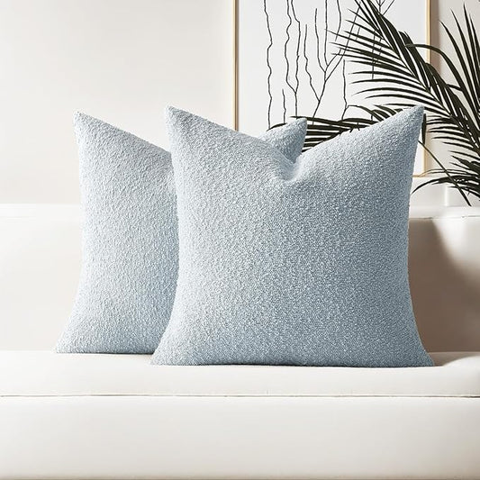 HAUSSY Set of 2 22x22 Decorative Throw Pillow Covers, Soft Cozy Textured Boucle Couch Cases, Home Decor for Couch Bed Living Room, Dusty Blue