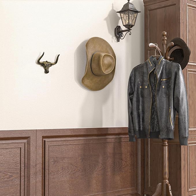 Cowboy Hat Rack for Wall 2 Pack Modern Cast Iron Cowboy Hat Holder Cowgirl Hat Hanger Western Decor Longhorn Wall Hooks Closet Bedroom Living Room Antique Gold Men's Western Gifts