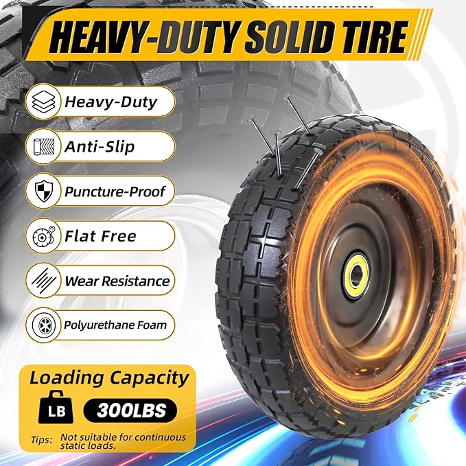 MZREXN 2-Pack 10" Flat Free Solid Tires 4.10/3.50-4 Tire and Wheel, with 5/8" Axle Bore Hole, 2.2"-2.4" Offset Hub, for Hand Truck, Garden Cart,Trolleys, Yard Trailers, Utility Cart, Black