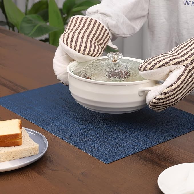 Myir JUN Placemats Set of 6, Vinyl Woven Placemats Place Mats Indoor Washable Table Mats Non-Slip Place mats for Dining Table (Dark Blue, Set of 6)
