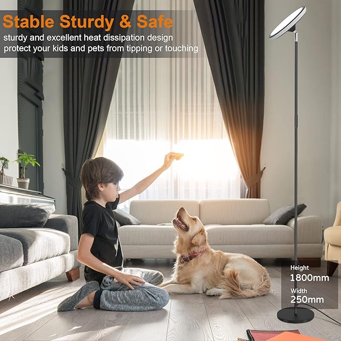 WOWLUMEN UFO Floor Lamp 71in, Upgraded 42W 3700LM LED Torchiere Floor Lamps for Living Room, Modern Tall Bright Standing Light with Remote, Dimmable Sky Light,1/2/3H Timer for Bedroom,Office(Black)